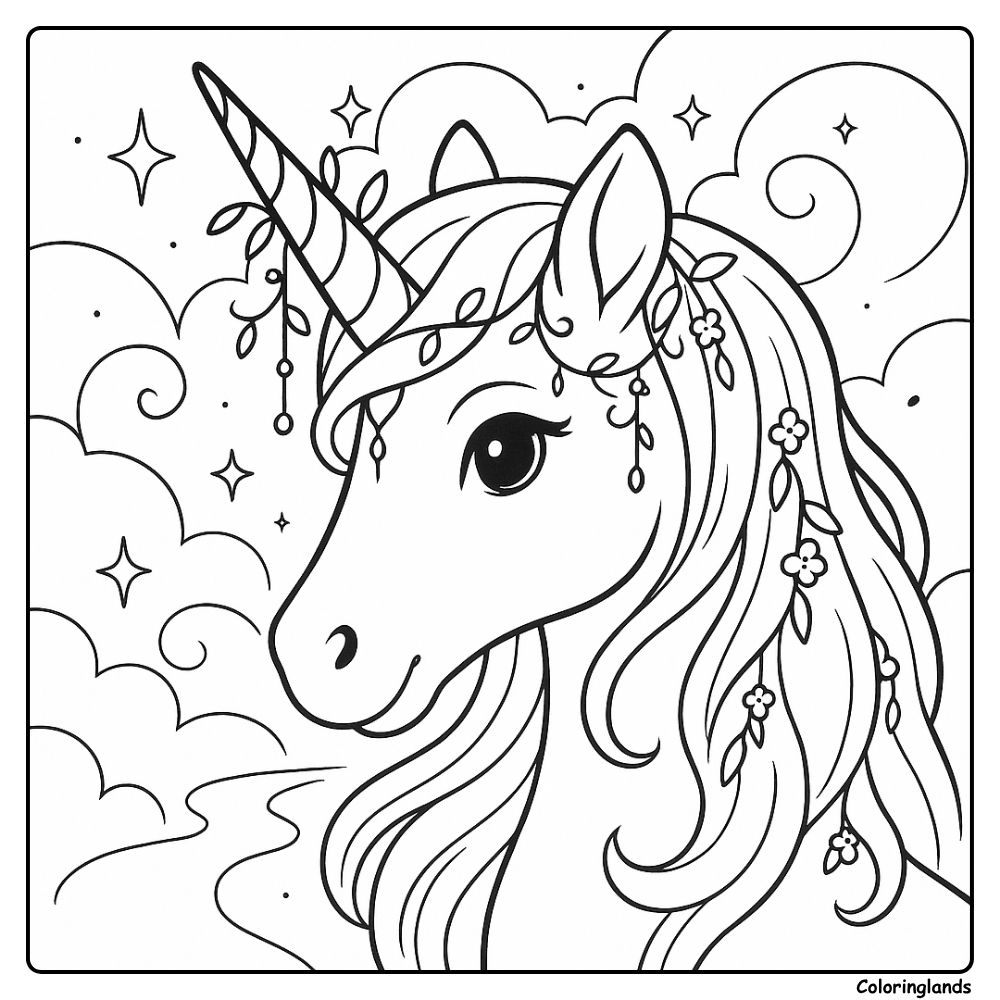 Profile coloring image with long mane, clouds and stars