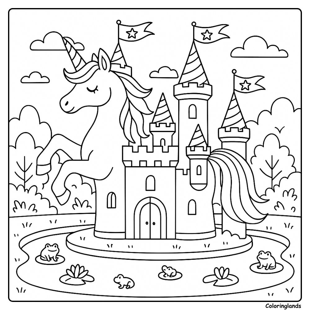 Magical castle home with moat and frogs, unicorn coloring picture