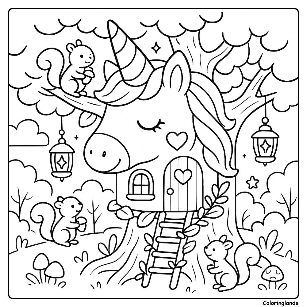 Whimsical unicorn face cabin with lanterns and squirrels