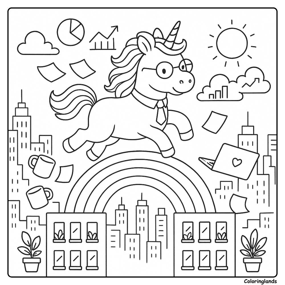 Urban office vibe with unicorn leap, laptop and sunny clouds