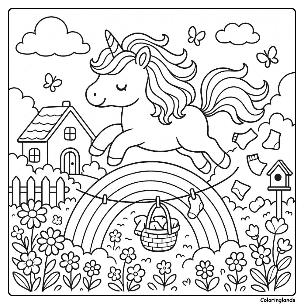 Cottage garden line art with rainbow jump, flowers, butterflies