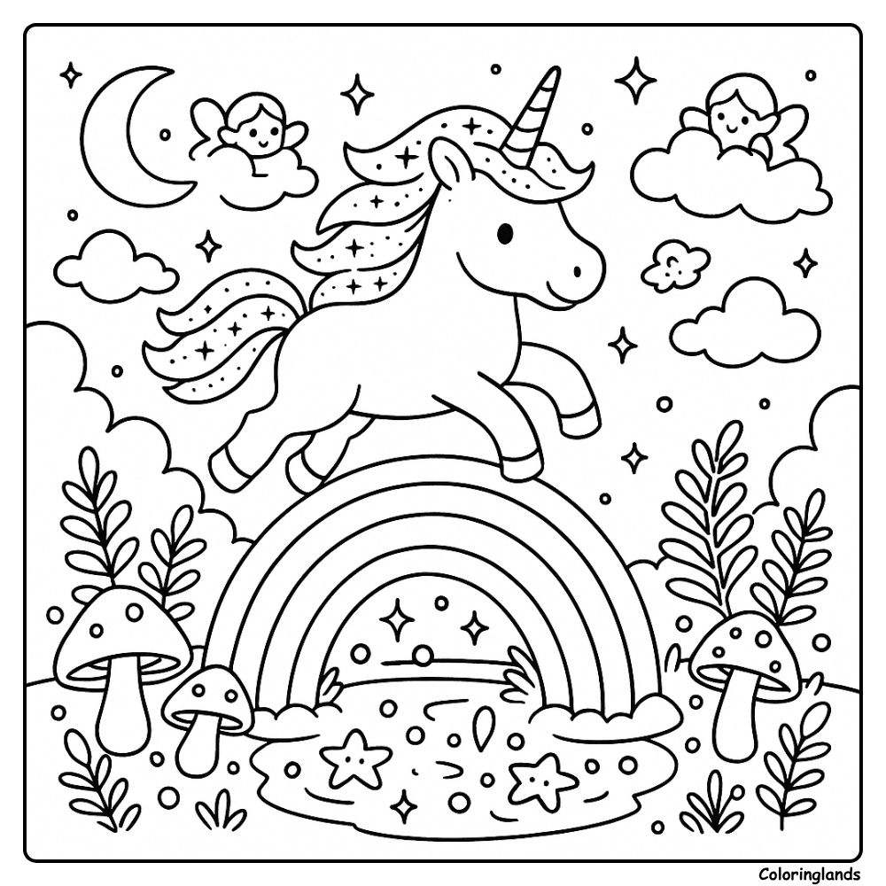 Starry scene, unicorn leaps a rainbow above a quiet pond