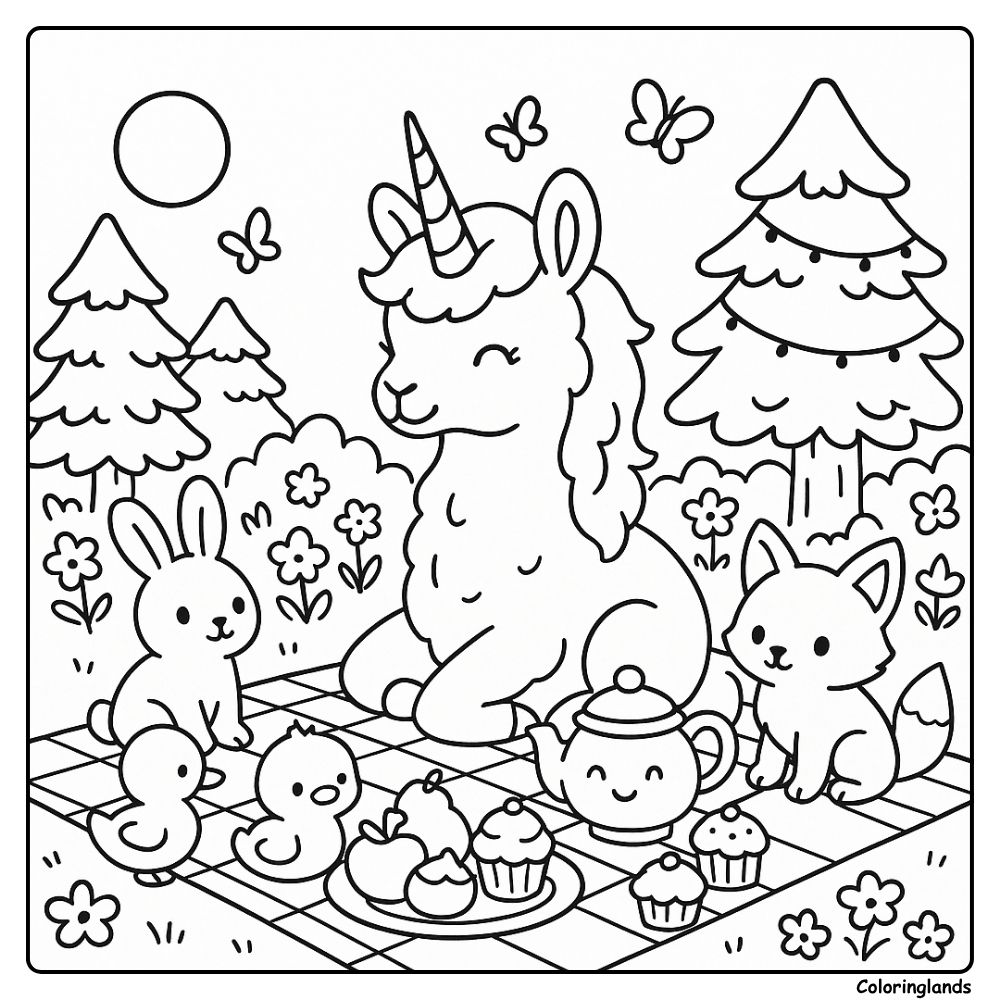 Woodland tea with a llama unicorn and cheerful pals