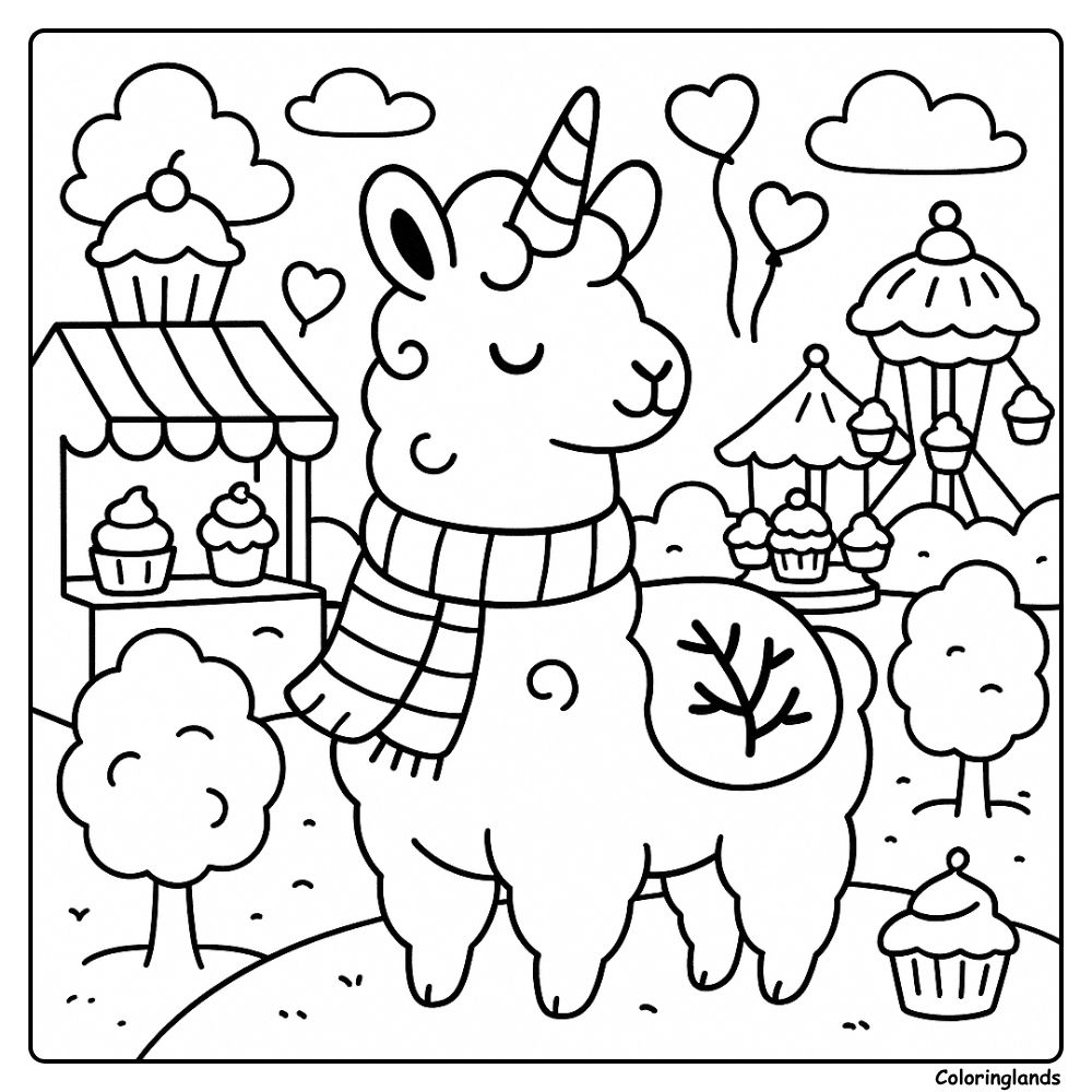 Cute llama unicorn visits a cupcake stand and carousel
