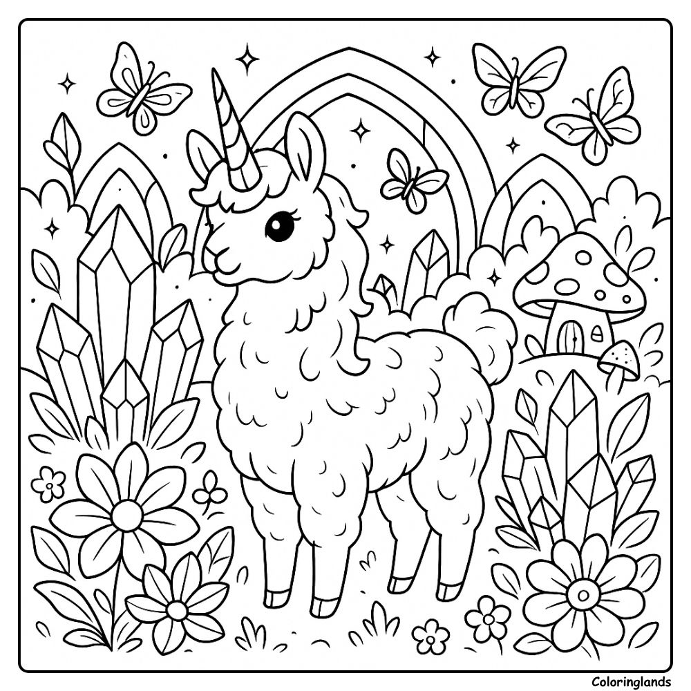 Fluffy horned llama among gems flowers and a bright rainbow