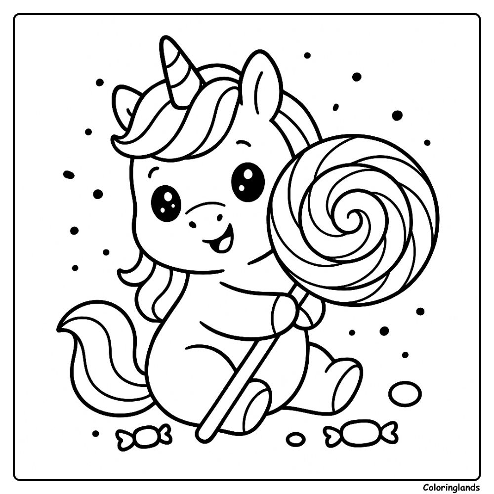 Baby unicorn holding a giant lollipop coloring sheet