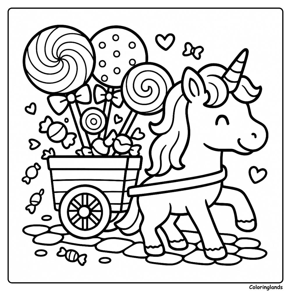 Printable unicorn coloring picture with lollipop cart and hearts