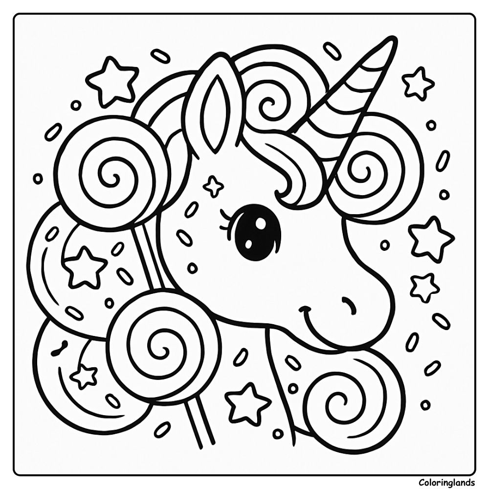 Unicorn face with spiral candies and twinkling stars