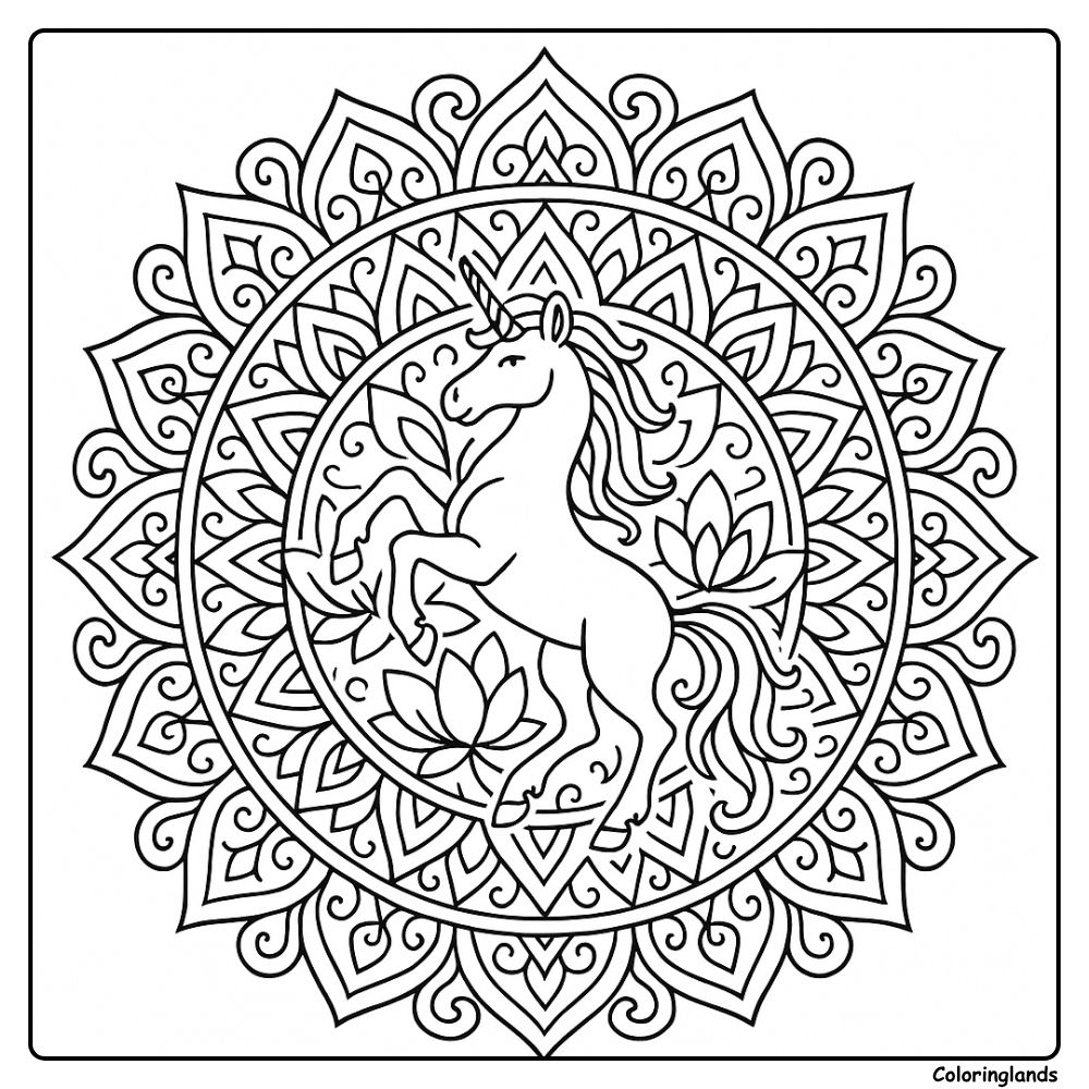 Ornate flowers frame a unicorn face in delicate linework
