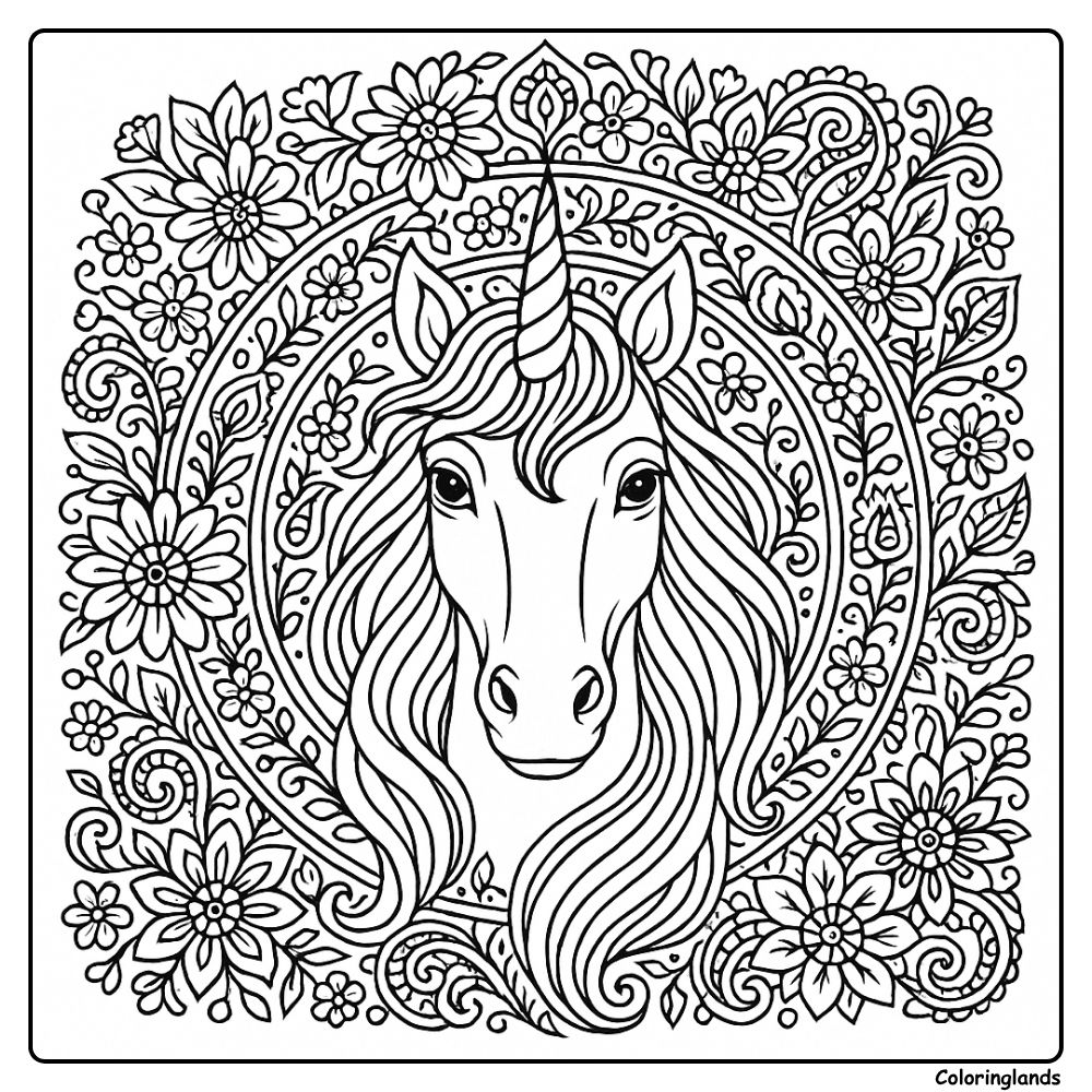 Detailed lotus mandala with a rearing unicorn line art