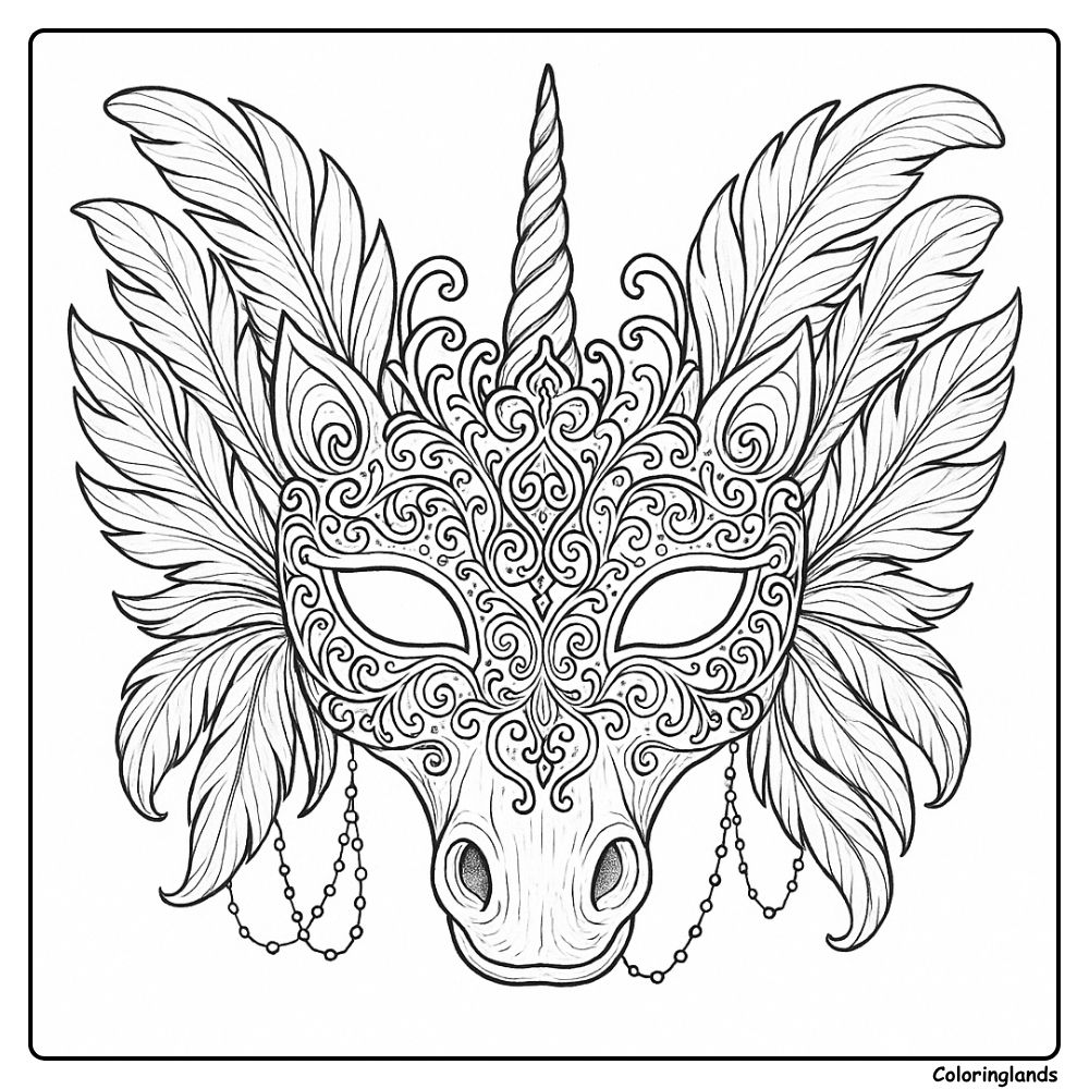 Detailed unicorn masquerade mask printable line art