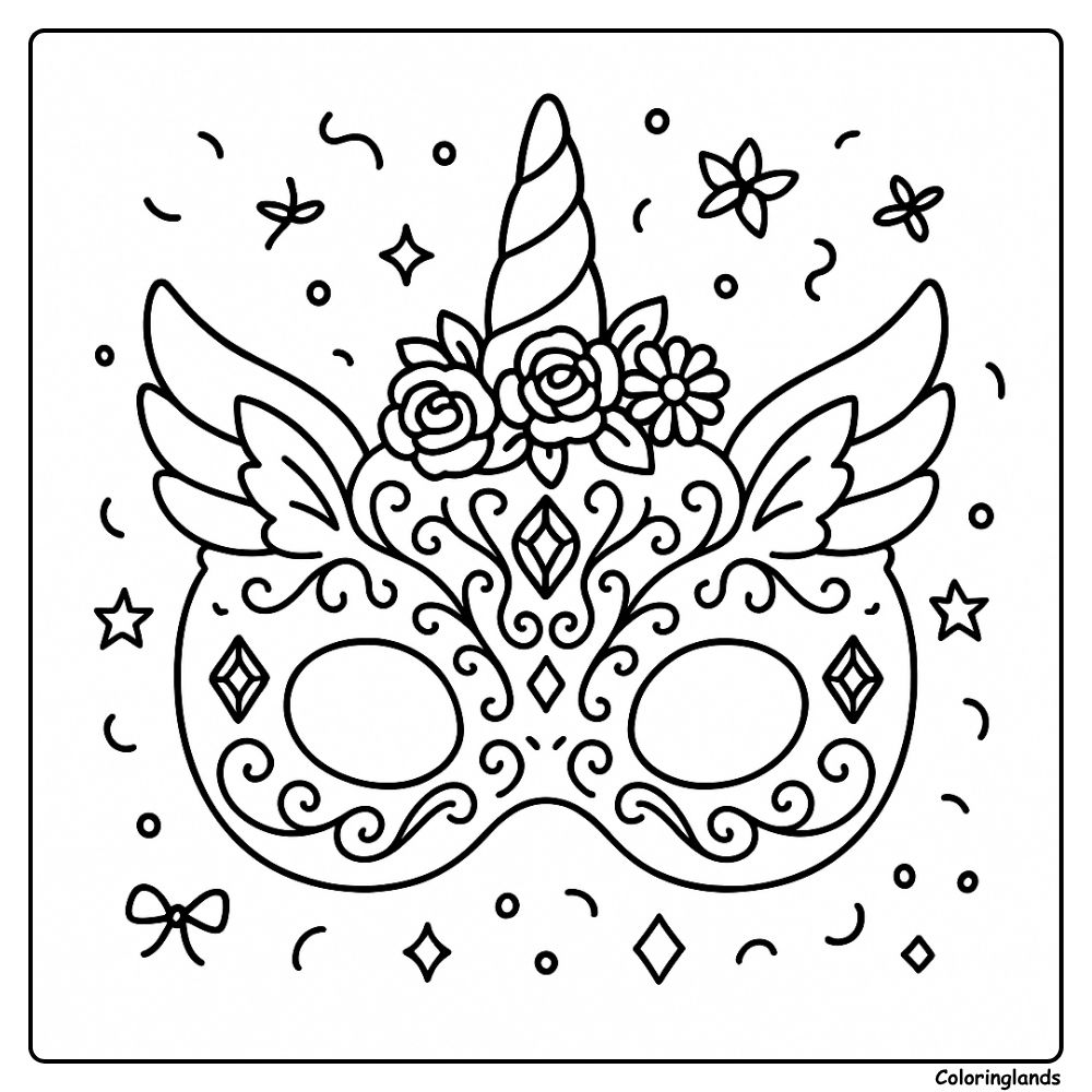Printable unicorn winged mask coloring image with roses
