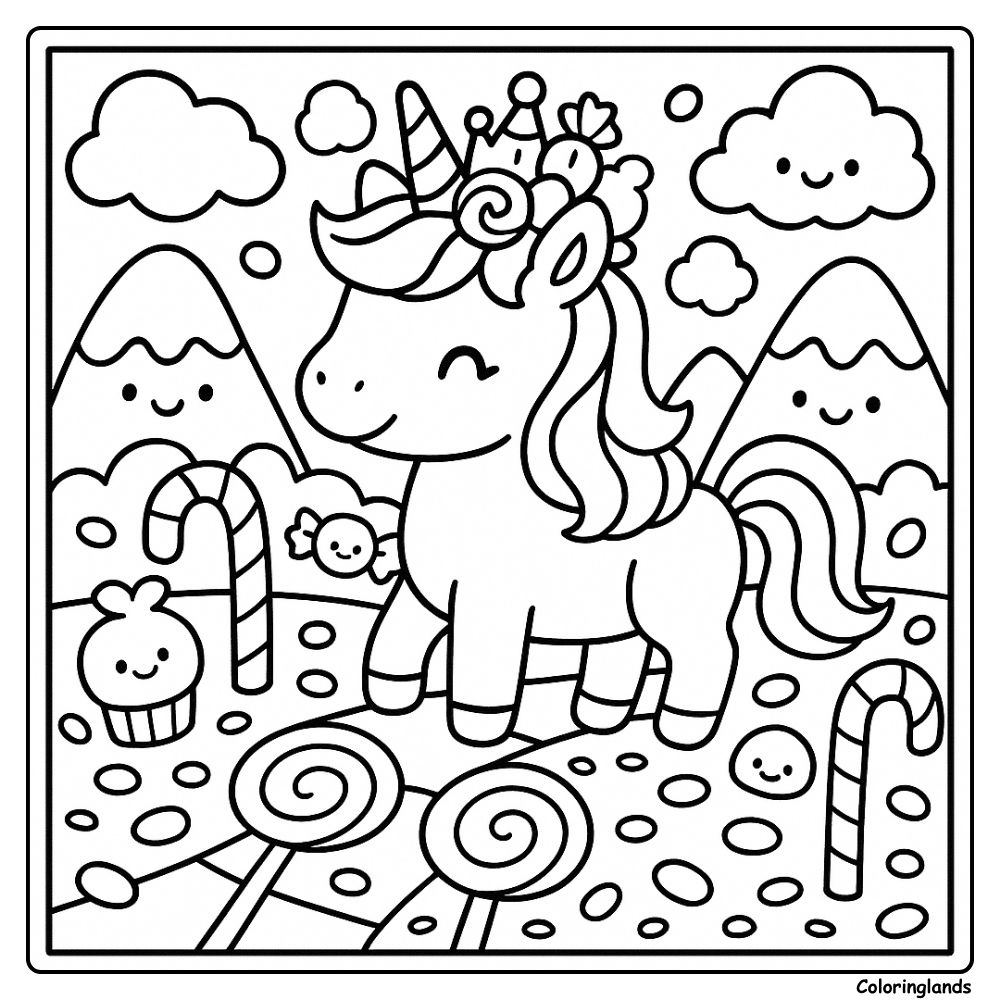 Candy world scene with a smiling unicorn and sweet treats