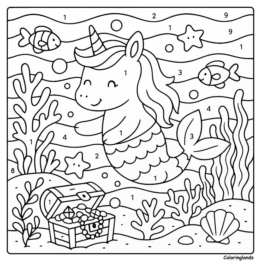 Mermaid unicorn with coral, treasure chest, and coded waves