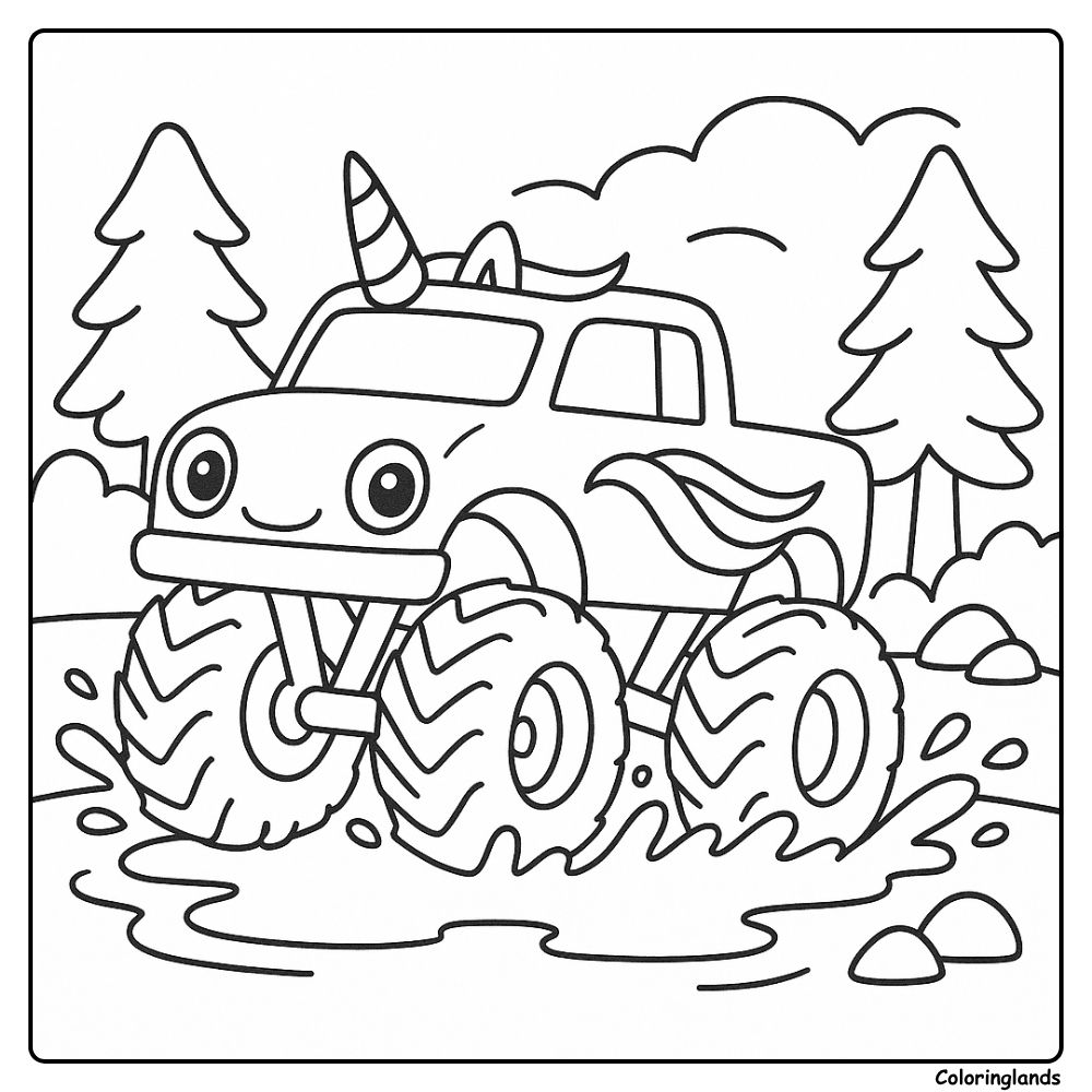 Printable coloring image of a unicorn truck splashing mud