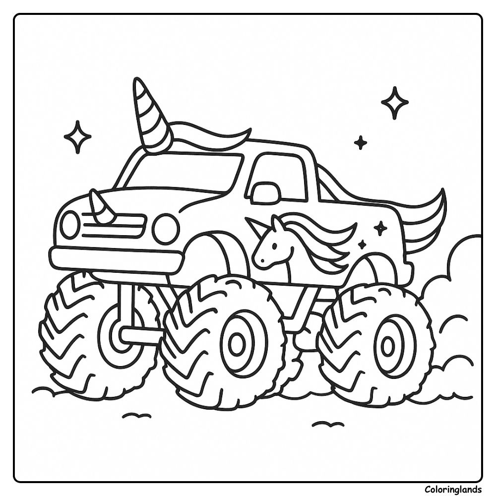 Fantasy truck line art with unicorn badge, tail, and dust clouds