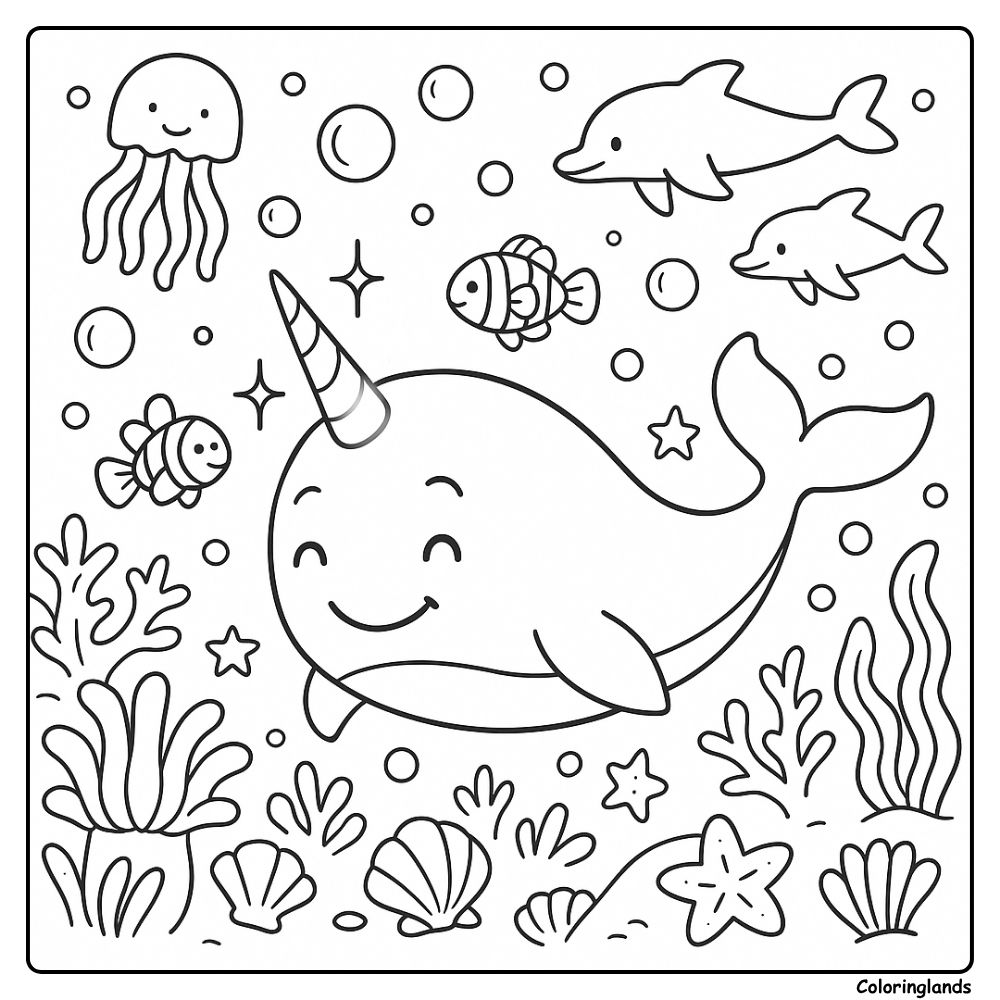 Cute narwhal with reef friends and bubbles printable line art