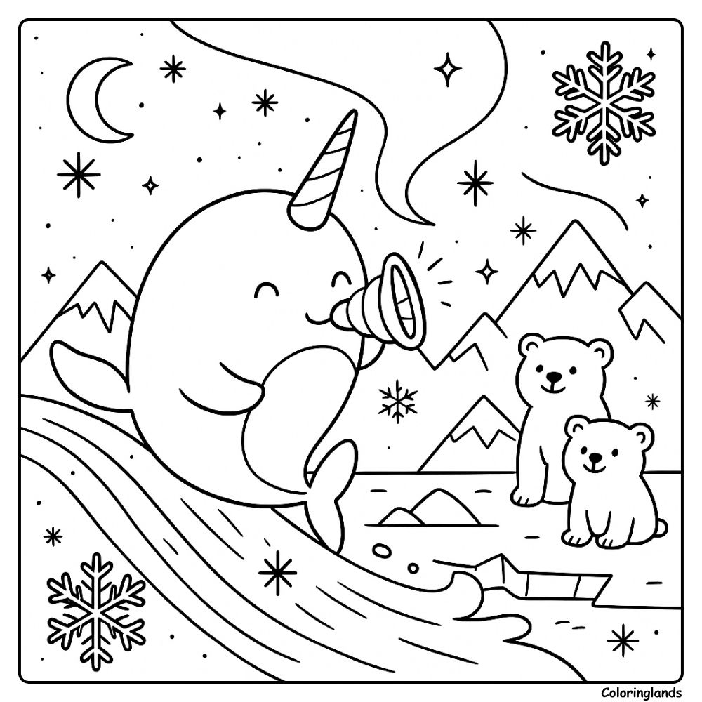 Winter night narwhal near mountains and snowflakes outline