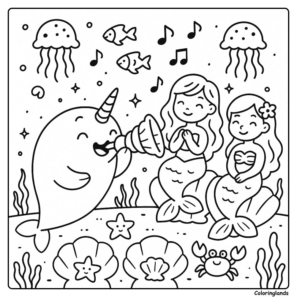 Narwhal performs for mermaids with notes and sea life art