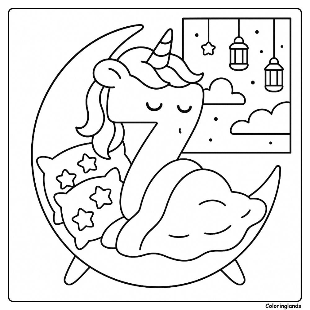 Number 7 unicorn on a moon bed starry night coloring picture