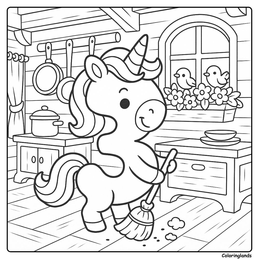 Unicorn sweeping cabin floor cute printable coloring image
