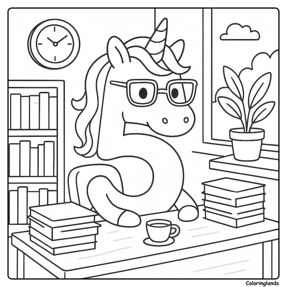 Number 5 unicorn in glasses at desk printable coloring sheet