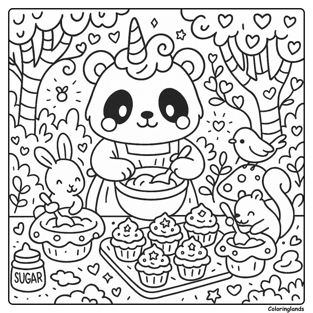 Cute coloring image of a panda unicorn baking star cupcakes