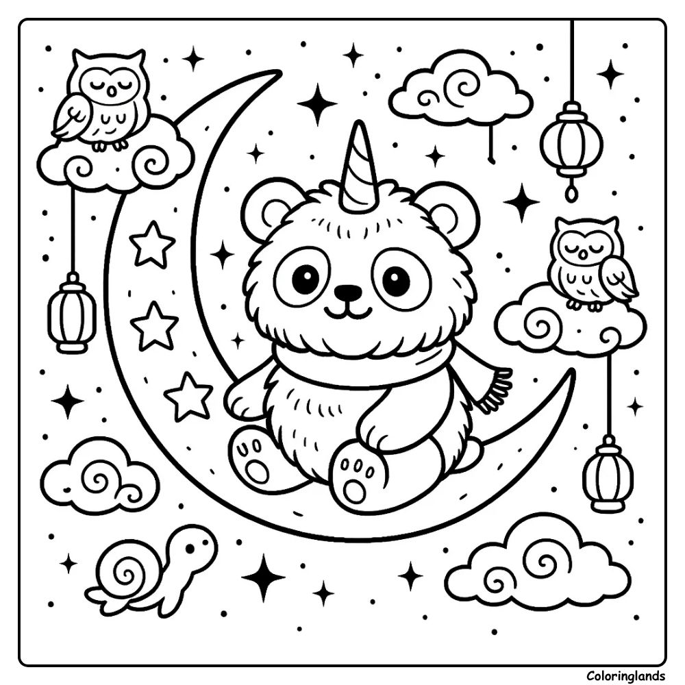 Printable coloring sheet of a panda unicorn under night sky