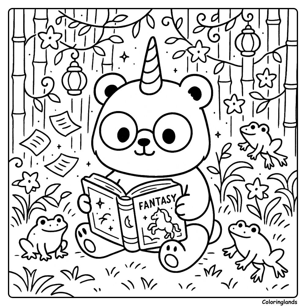 Printable coloring picture of a panda unicorn reading