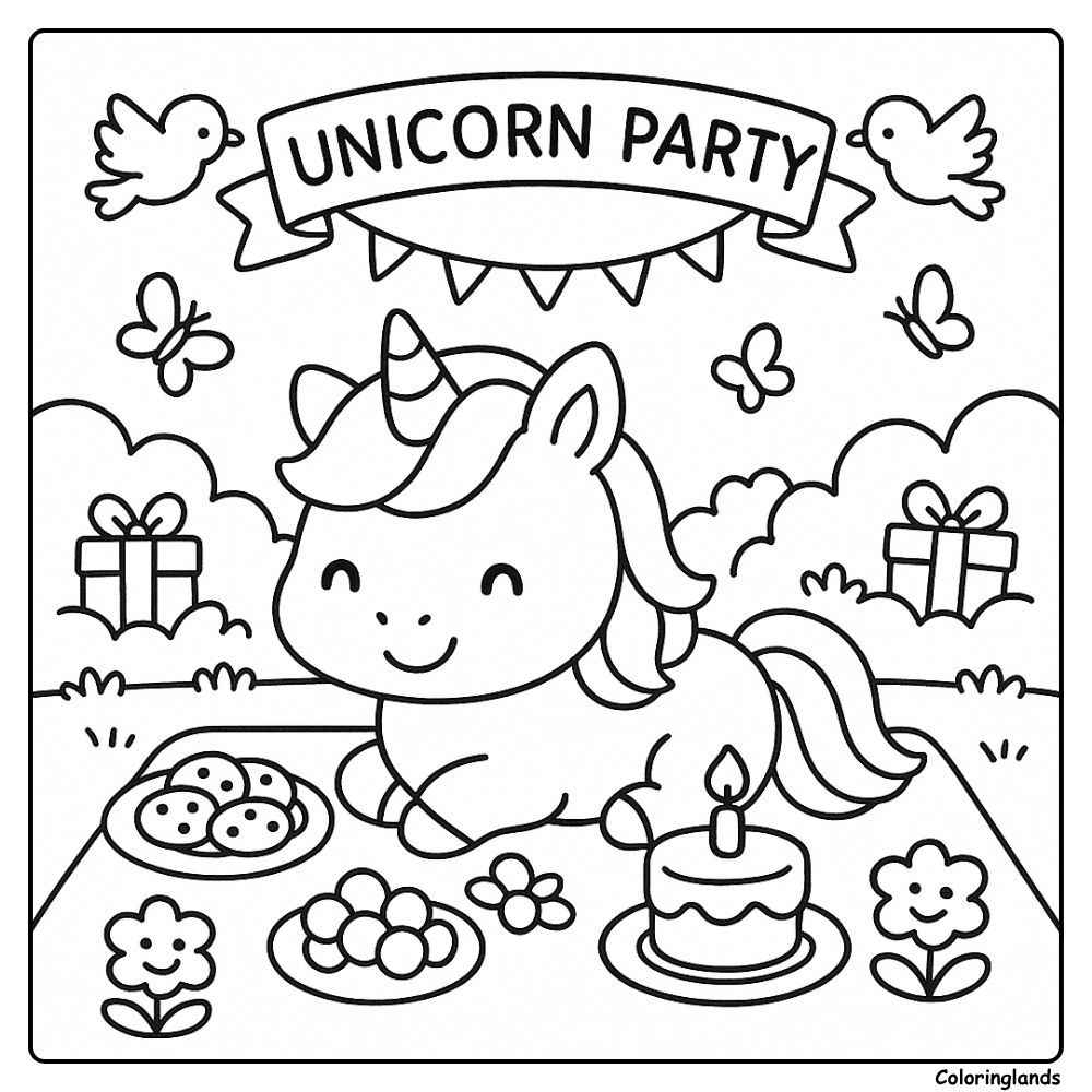 Sweet picnic setup coloring image with cake and gifts