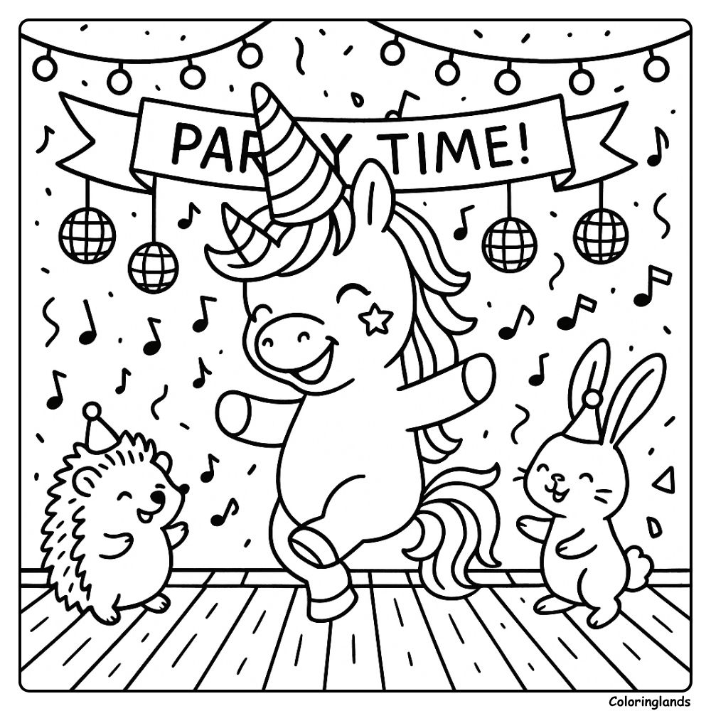 Unicorn dancing with bunny and hedgehog coloring sheet