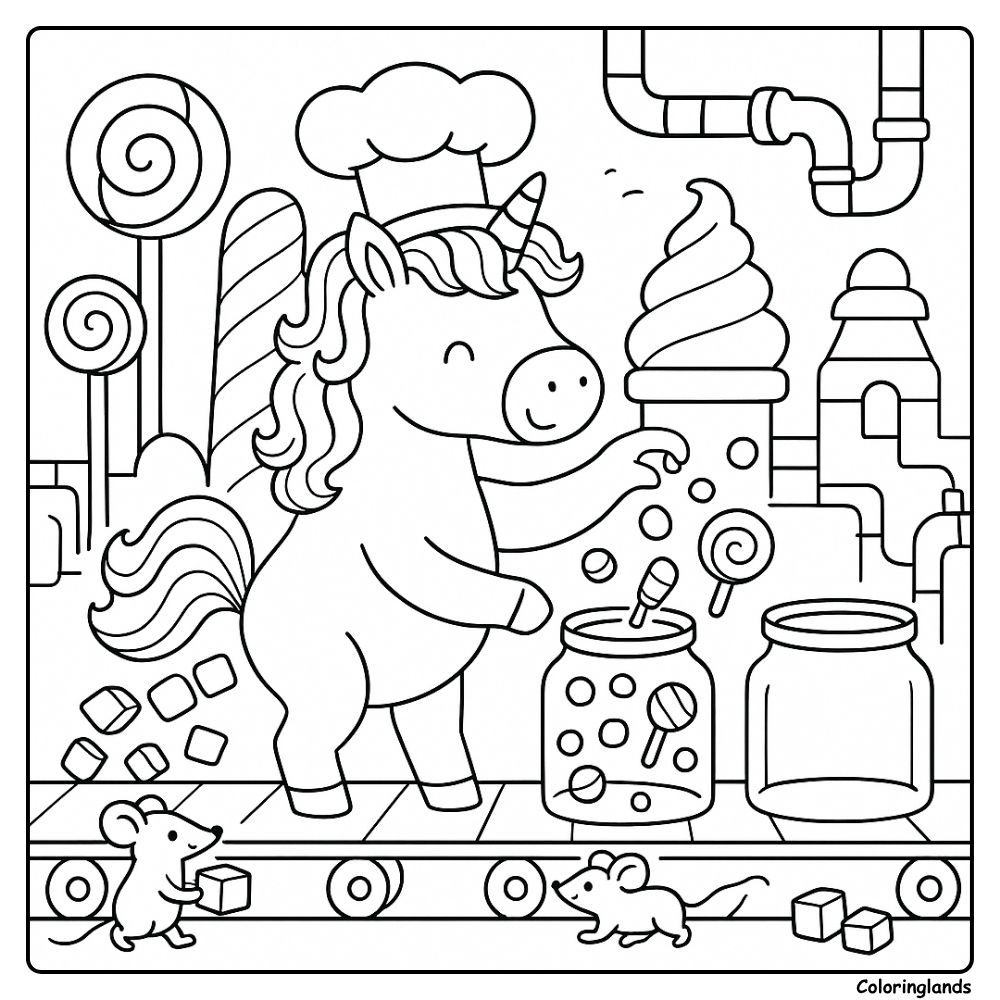 Candy room with jars, mice and a cheerful unicorn to color