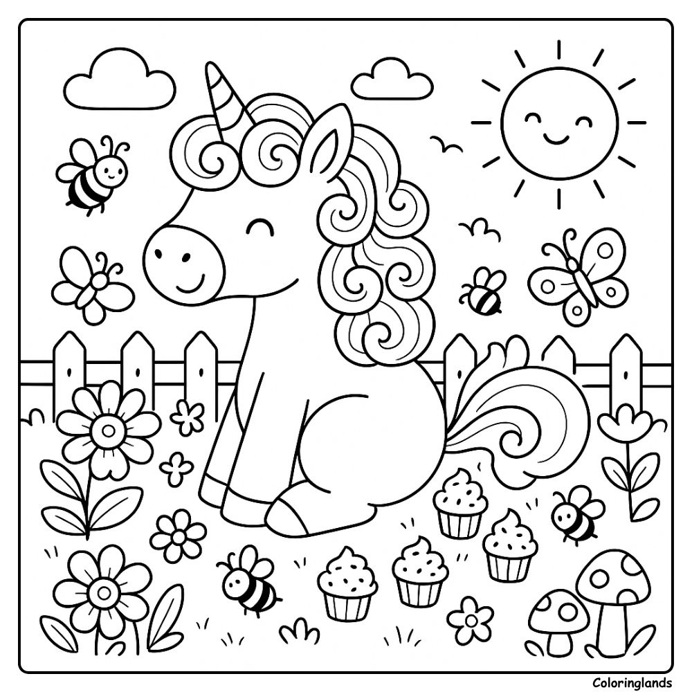 Garden unicorn with flowers, bees, and cupcakes to color