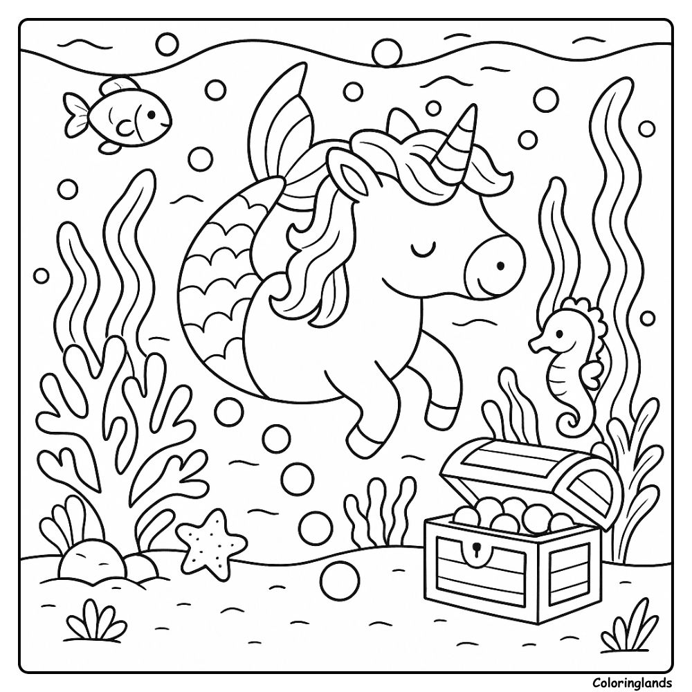 Sea unicorn, bubbles, chest in a playful coloring picture