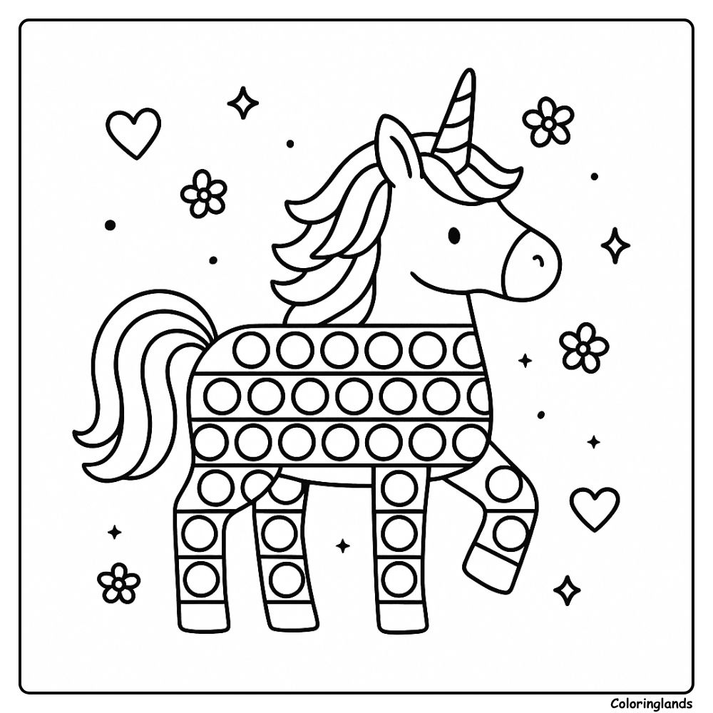 Prancing unicorn pop it coloring sheet with hearts and stars