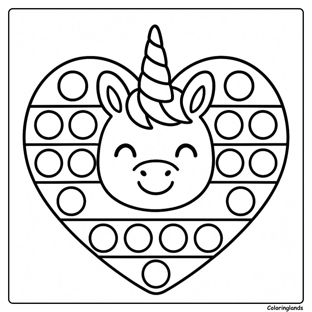 Printable heart unicorn pop it coloring picture and smile