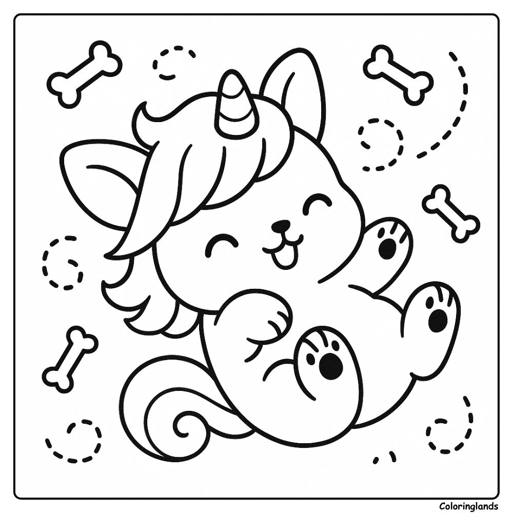 Chubby unicorn dog coloring picture with bones and curls