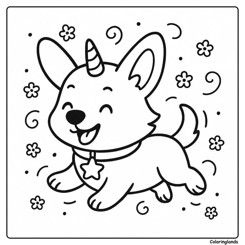 Cute unicorn pup coloring picture with flowers and swirls