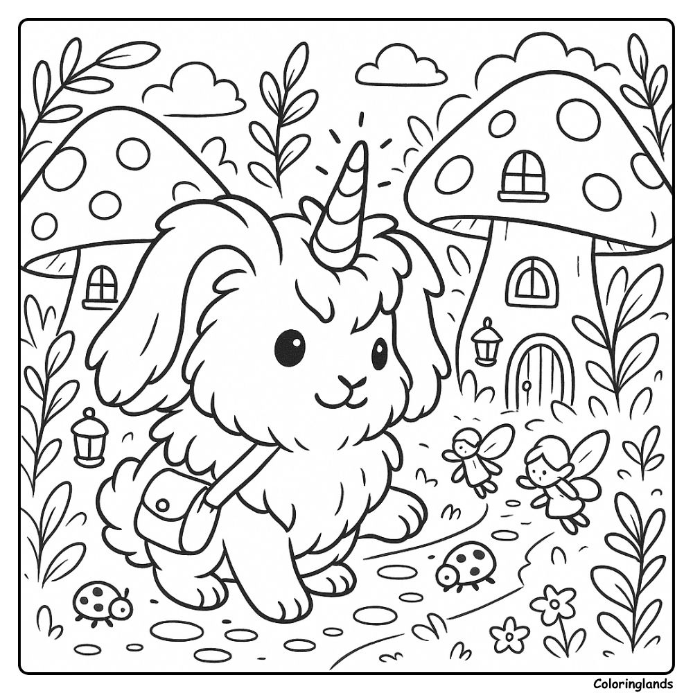 Fluffy unicorn bunny with satchel near tiny fairy homes