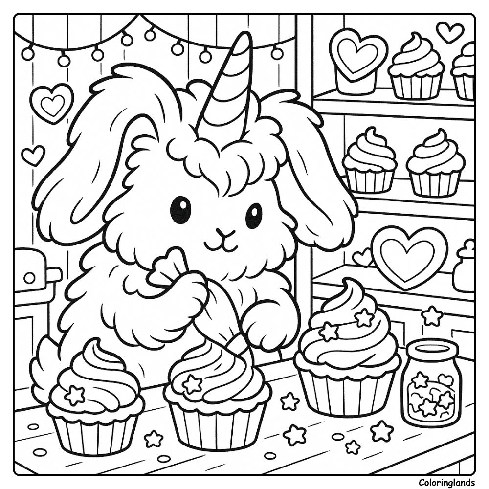Cute unicorn bunny bakes cupcakes with stars and hearts