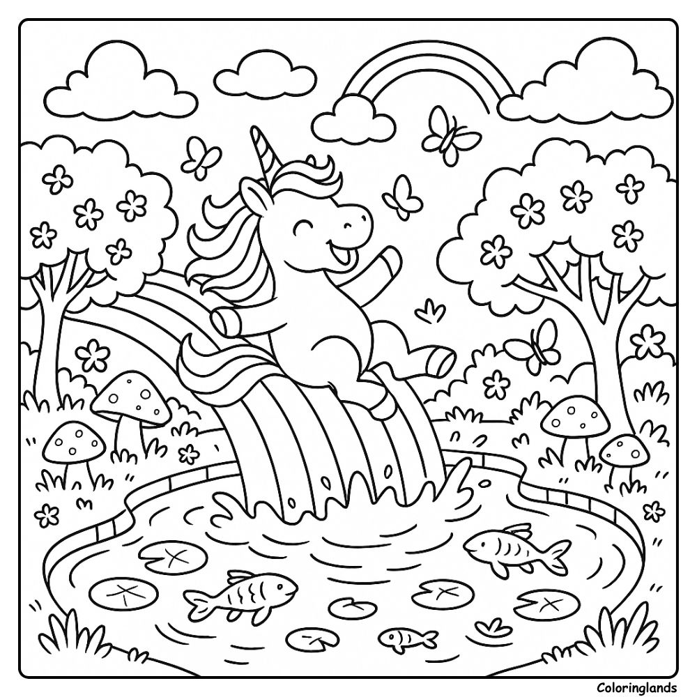 Happy unicorn glides on a rainbow by trees fish and flowers
