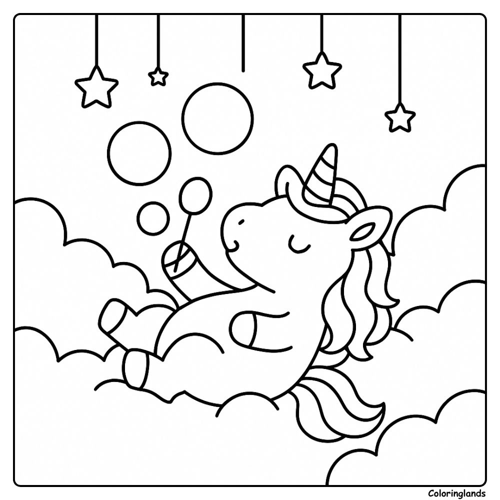 Cute cloud scene printable coloring picture with unicorn