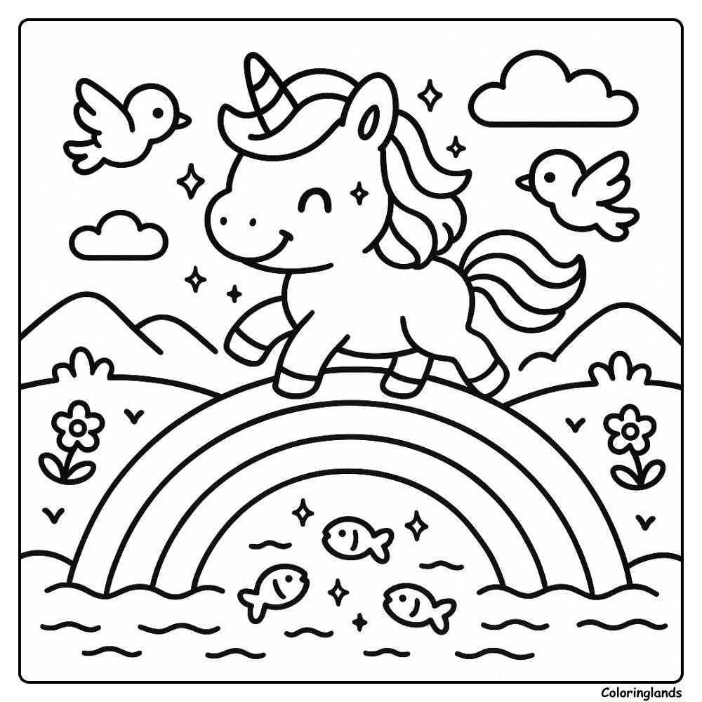 Smiling unicorn trots over a rainbow with birds above