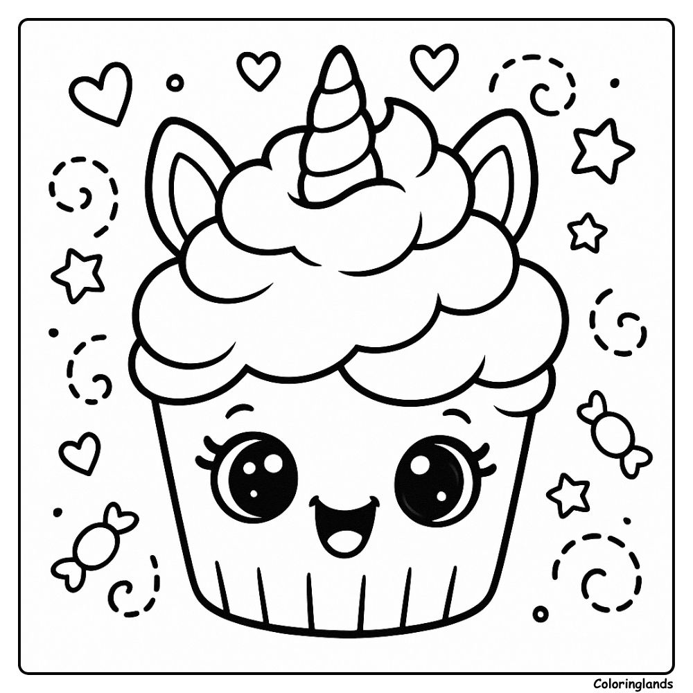Smiling unicorn cupcake with hearts stars and sprinkles
