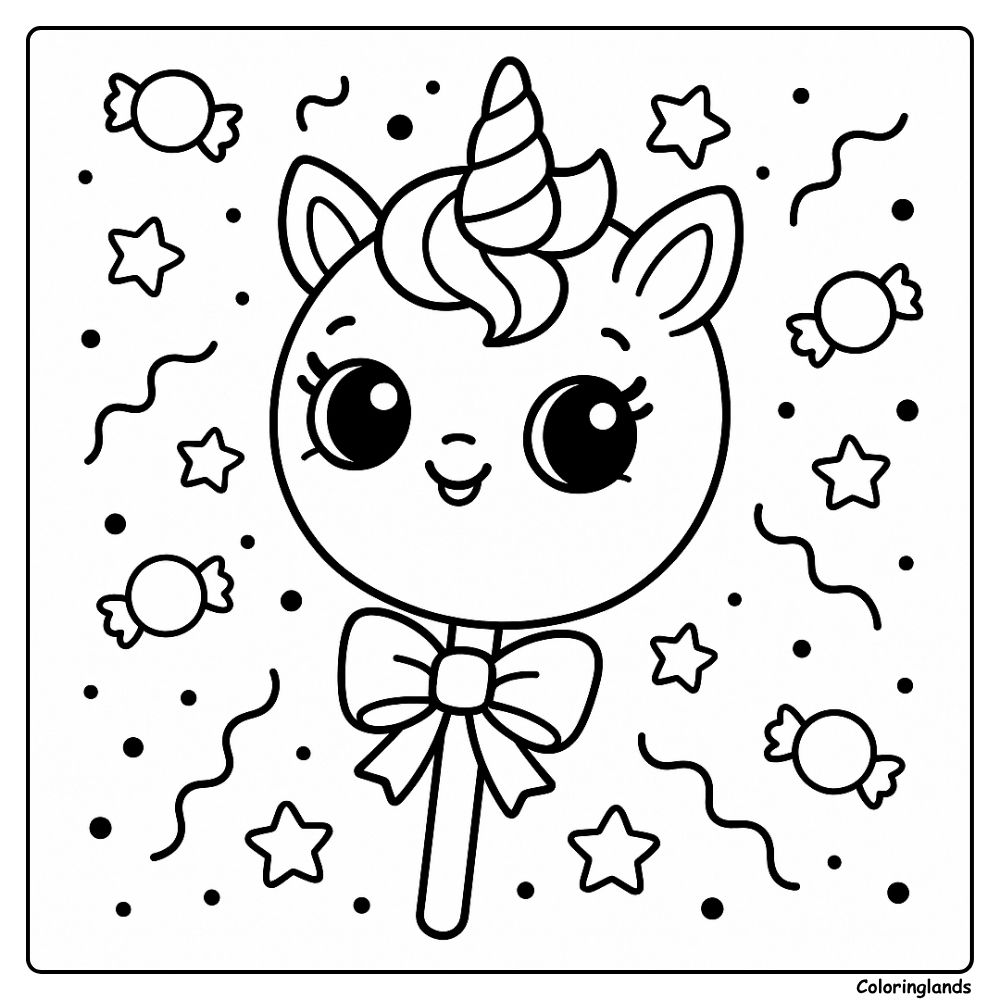 Kawaii unicorn lollipop with ribbon and scattered candies