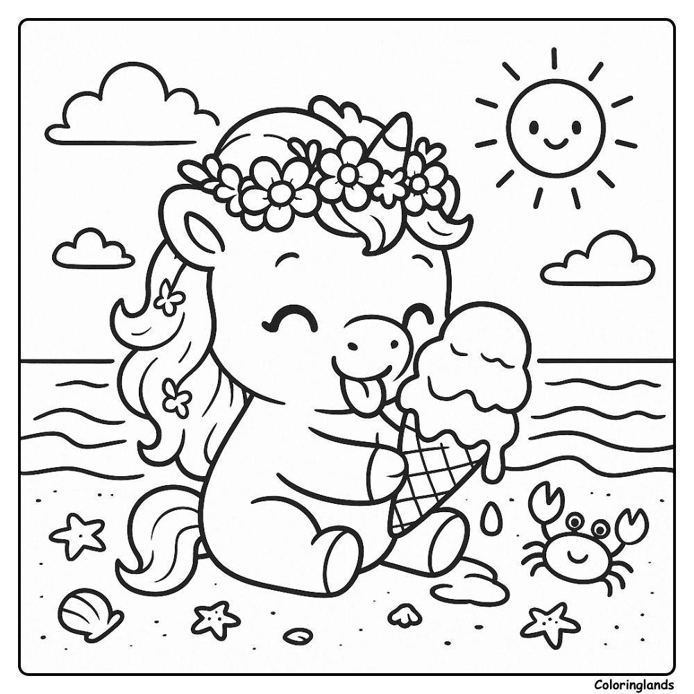 Beach scene with unicorn, big ice cream, smiling sun