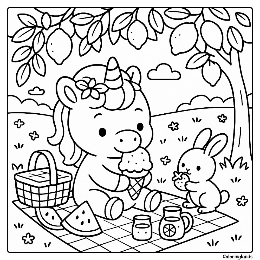 Unicorn and bunny share ice cream on a picnic blanket