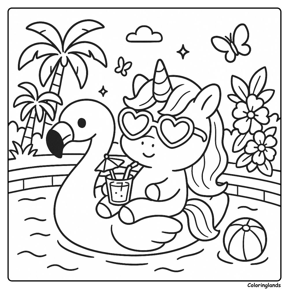 Cute unicorn in sunglasses relaxing on a pool float