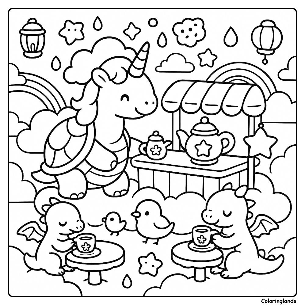 Tiny dragons sip tea served by a smiling unicorn turtle