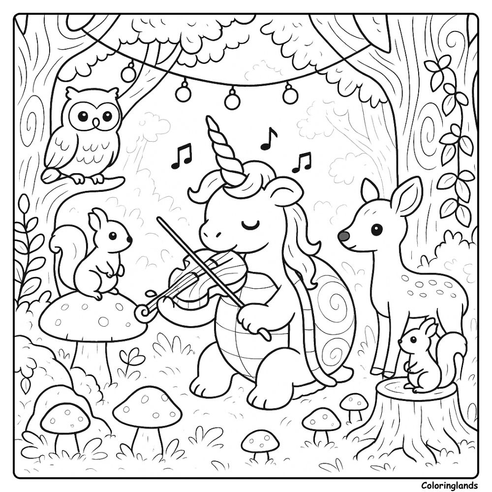 Forest friends listen as a unicorn turtle plays the violin